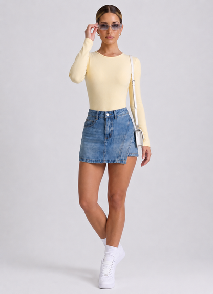 Body Manga Larga Color Amarillo y Sesgo Rosado