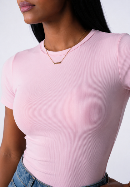 Body Manga Corta Color Rosado y Sesgo Blanco
