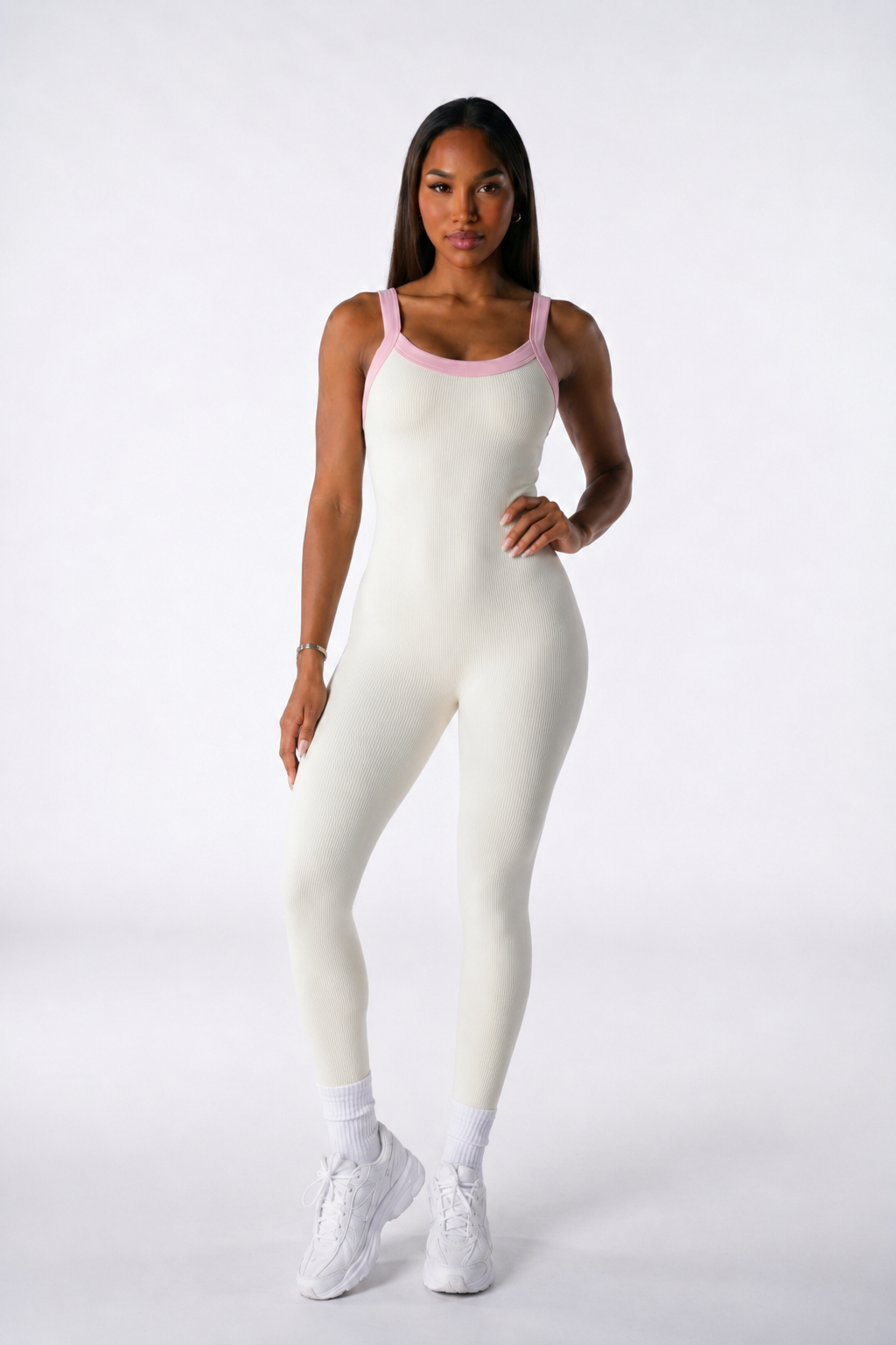 Enterizo Basic Color Blanco y Sesgo Rosado