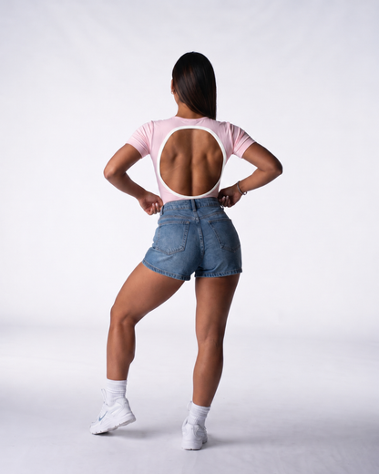 Body Manga Corta Color Rosado y Sesgo Blanco